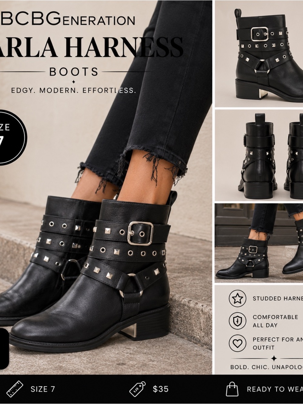 BCBGeneration Black Studded Harness Leather Ankle Boots